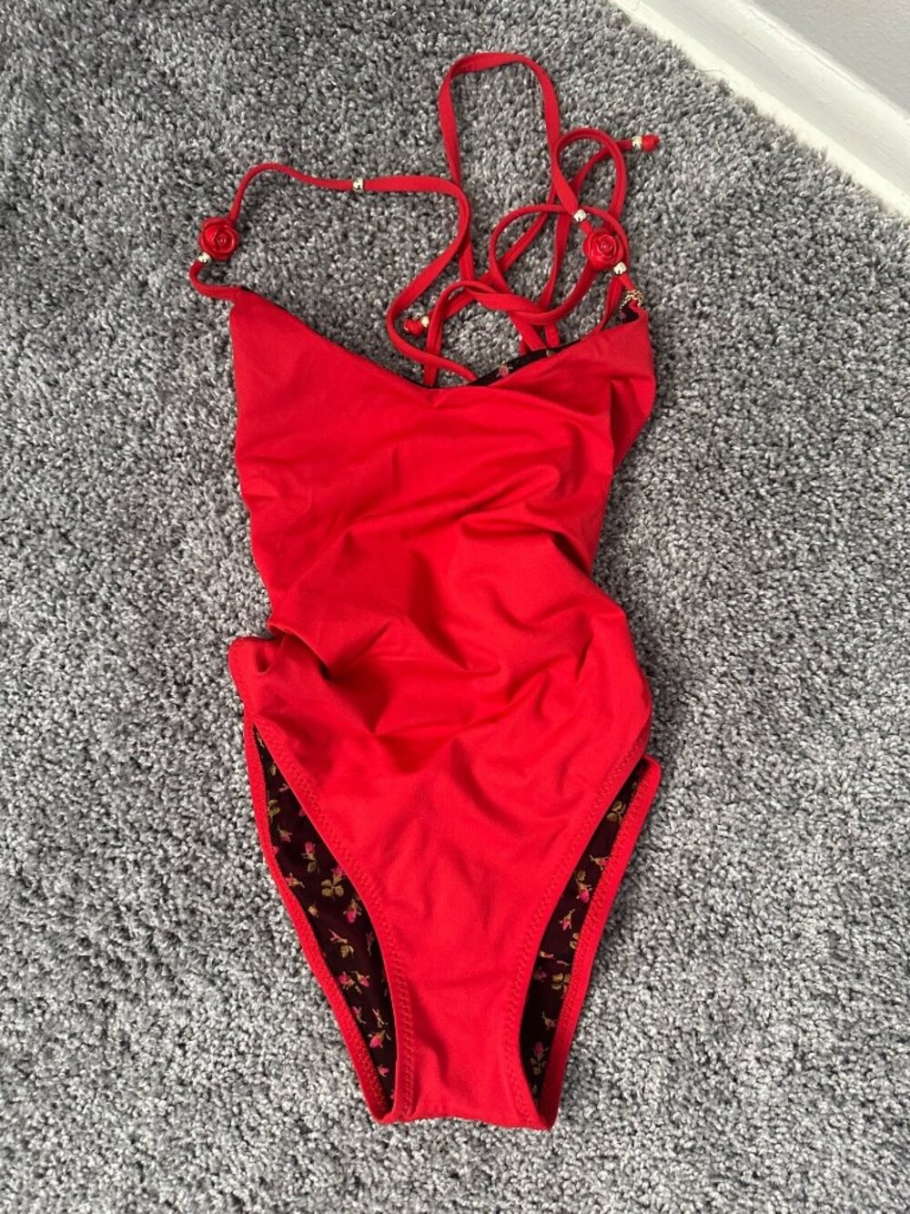 Betsey Johnson One Piece Swimsuit V Neck Back Strappy Tie Solid Red Sz S
